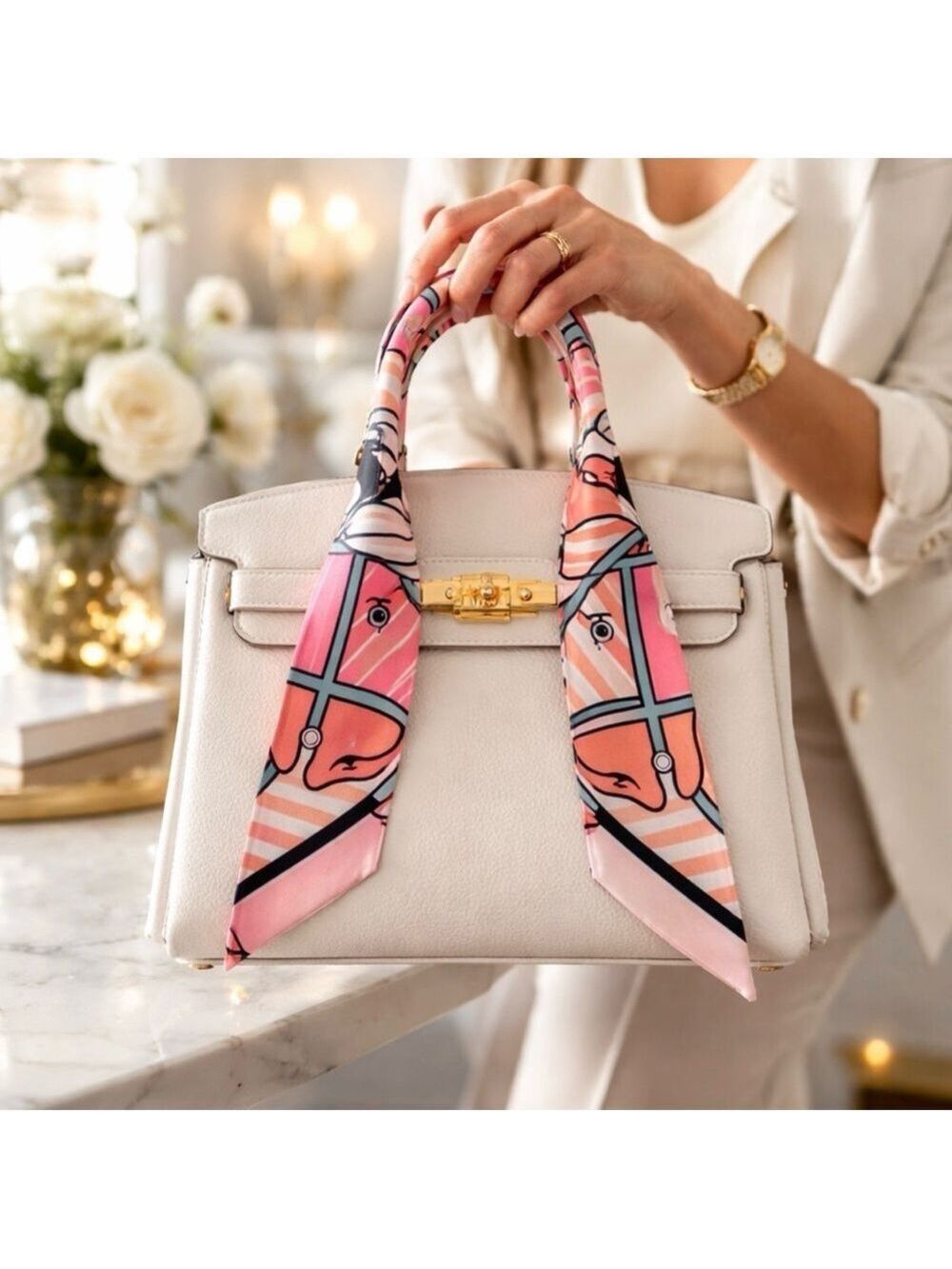 PINK BABY BLUE WHITE EQUESTRIAN HORSE SKINNY SCARF HANDBAG HANDLE WRAP HAIR TIE